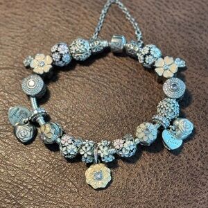 Authentic Pandora Silver Charm Bracelet with Floral Charms Perfect Mother’s Day